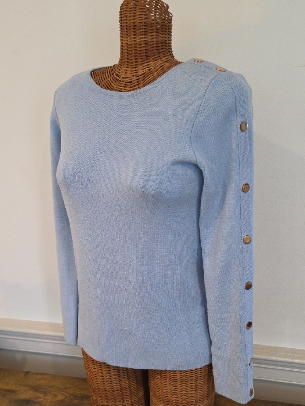 Tahari Pale Blue Crewneck Sweater with Gold Buttons Small Petite